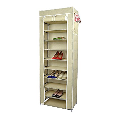 Smart-Home 10 Tiers Shoe Rack with Dustproof Cover Closet Shoe Storage Cabinet Organizer [Beige, 64"x24"x 12" (LxWxD)] …