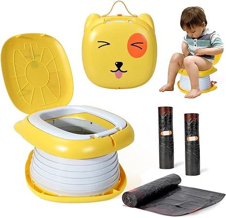 Orzbow Portable Travel Potty for Toddler Boys and Girls with Storage Bag, Foldable Potty Training Toilet for Car, Emergency Potty Seat for Indoor Outdoor, Includes Free 45pcs Travel Bags, Yellow
