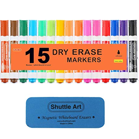 Dry Erase Markers with Eraser, 15 Colours Shuttle Art White Board Markers and Eraser, Low-Odor, Chisel Tip Usable on Whiteboard Surface for School Office Home