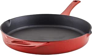 Rachael Ray NITRO Cast Iron Frying Pan/Skillet with Helper Handle and Pour Spouts, 12 Inch, Red