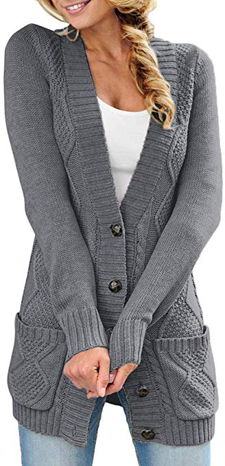 LOSRLY Women Open Front Cabel Knit Cardigan Button Down Long Sleeve Sweater Coat Outwear with Pockets