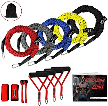 Resistance Bands, 11 Pieces Exercise Elastic Bands Set, 20lbs to 40lbs Resistance Tubes with Heavy Duty Protective Nylon Sleeves Anti-Snap for Fitness-5 Bands Door Anchors Ankle Strap Handles Bag
