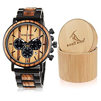 BOBO Bird Wooden Mens Watches Stylish Wood & Stainless Steel Combined Chronograph Military Quartz Casual Wristwatches