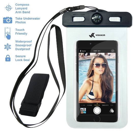 Voxkin ® ★ PREMIUM QUALITY ★ Universal Waterproof Case including ARMBAND ✚ COMPASS ✚ LANYARD - Best Water Proof, Dustproof, Snowproof Bag for iPhone 6S, 6, 6 Plus, 5, Galaxy S6 S5, Note 4 or Any Phone