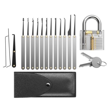 iCooker 12-Piece Lock Pick Set FREE Leather Pouch Best Transparent Professional Picking Kit Cutaway - Great Padlock with Key for Beginners and Professionals and Locksmiths