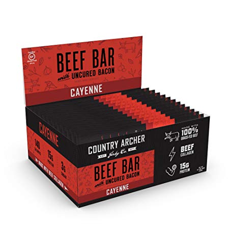 Country Archer Meat Bar, Gluten Free, Antibiotic Free 100% Grass-Fed Beef with Uncured Bacon, Cayenne, 1.5 Ounce (12 Count)