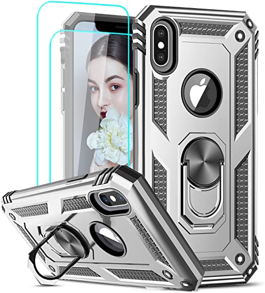 LeYi Compatible for iPhone X Case, iPhone Xs Case with [2 Pack] Tempered Glass Screen Protector for Women Men, [Military-Grade] Phone Case with Ring Kickstand for Apple iPhone X Xs 10, Silver