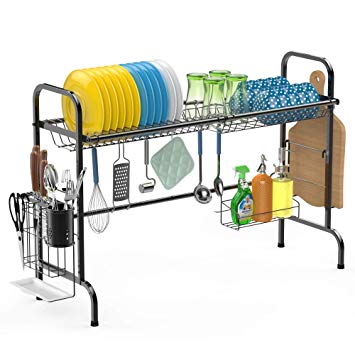 Over the Sink Dish Drying Rack, iSPECLE Premium 201 Stainless Steel Dish Rack with Utensil Holder Hooks Stable Bend Foot for Kitchen Countertop Space Saver Non-slip Black