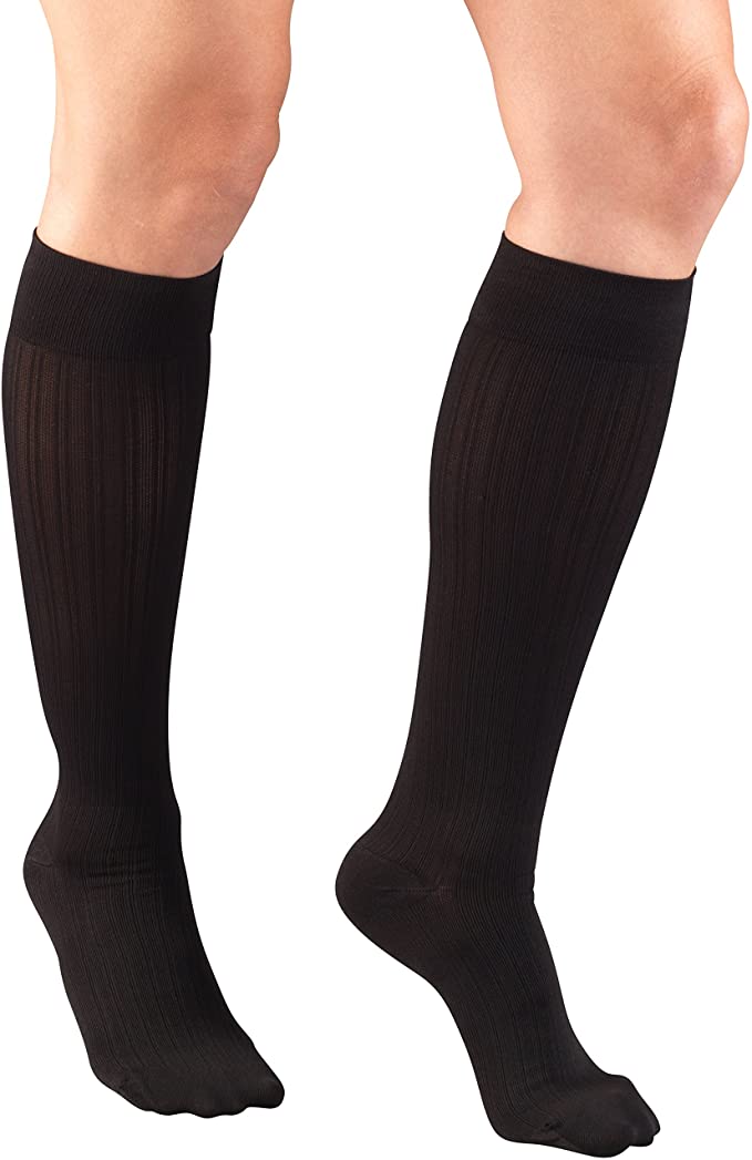 Truform Compression Socks, 15-20 mmHg, Women's Dress Socks, Knee High Over Calf Length, Black Rib Knit, Large