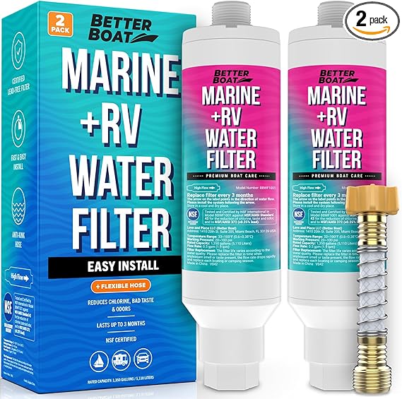 2PK Inline RV Water Filter for Hose NSF Certified Marine Grade Campers and RV Water Filter Inline for Garden Hose with Flexible Hose Protector