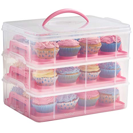 VonShef Snap and Stack Pink 3 Tier Cupcake Holder & Cake Carrier Container Free 2 Year Warranty