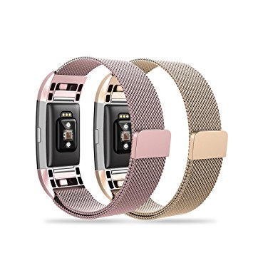 Fitbit Charge 2 Bands,Edow (2 pack) Metal Milanese Stainless Steel Replacement Wristband Strap Bracelet with Magnetic Clasp (6.3”-9.8”) for Fitbit Charge 2,Rose Gold,Rose Pink,Champagne,Silver,Black.