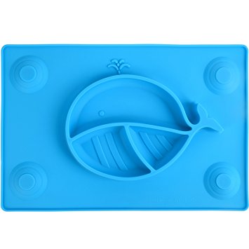 KiddyByte Children Silicone Placemat With Suction Cups for Maximum Hold - 3 Section Food Tray for Kids, Babies, Toddler and Infant (Blue)