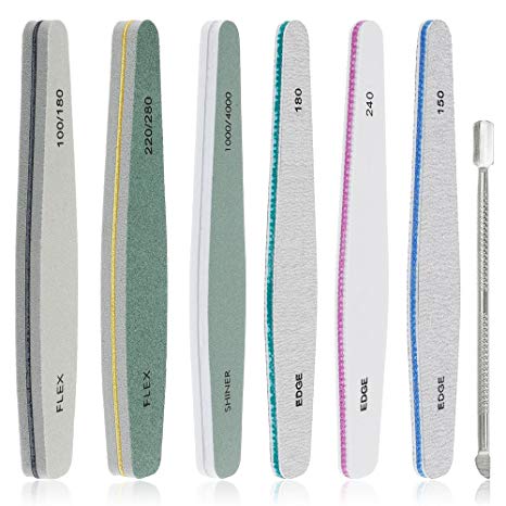 Lictin Professional Nail Files, 6pcs Washable Double Sided Emery Board and 1pc Stainless Steel Cuticle Pusher, Nail Buffer File Block 150, 180, 240, 100/180, 220/280, 1000/4000 Double Sided Buffer