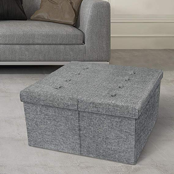 Otto & Ben Storage Coffee Table with Smart Lift Top Tufted Folding Tweed Linen Trunk Toomnas Bench Foot Rest, 30x30x15, Light Grey