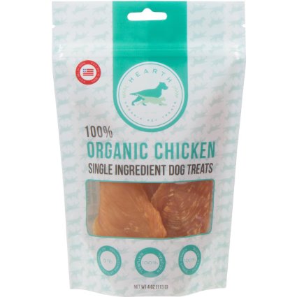 100% Organic Chicken Jerky Dog Treats by Hearth, 4 oz. - Made in USA, Human Grade, Single Ingredient, No Preservatives, No Filler