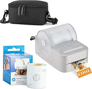 HP Sprocket Panorama Instant Portable Color Label & Photo Printer (Grey) Starter Bundle with case Zink roll