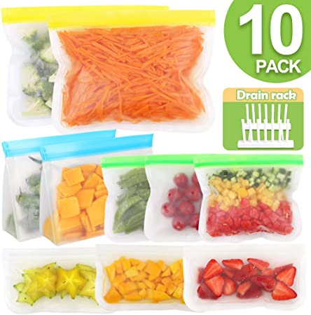 OurWarm Reusable Storage Bags 10 BPA Silicone Food Storage Bags(3 Reusable Sandwich Bags, 3 Reusable Snack Bags, 2 Gallon Freezer Bags, 2 Reusable Ziplock Bags) Leakproof Lunch Bags, Free Drain Rack