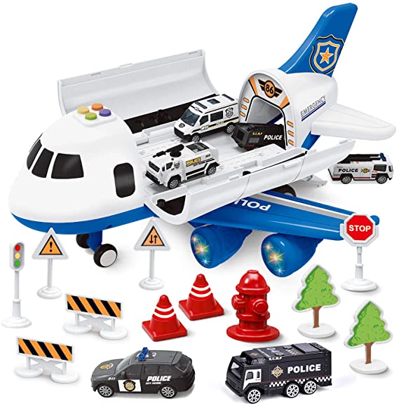 FUN LITTLE TOYS Airplane Toys with 6 Police Die-cast Toy Cars and Accessories, Police Airplane Play Vehicle Set for Kids Gifts, Toys for 3,4,5 Year Old Boys