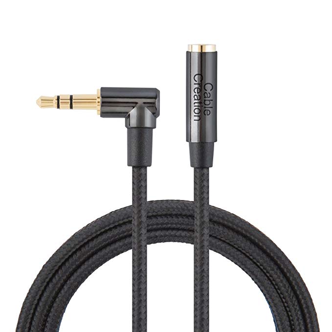 3.5MM Extension,CableCreation Right Angle Male to Female Audio Stereo Cable,Jack HiFi Cable with Silver-Plating Copper Compatible iPhones,Tablets,Sony Beats,PS4 Headset,24K Gold Plated, Black/1.5FT