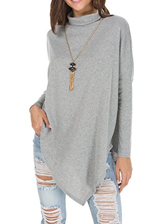 levaca Women's Long Batwing Sleeve Turtleneck Hankerchief Hem Loose Casual Tunic