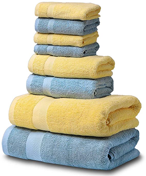 SEMAXE Luxury Bath Towel Set. Hotel & Spa Quality. 2 Large Bath Towels, 2 Hand Towels, 4 Washcloths. Premium Collection Bathroom Towels. Soft and Highly Absorbent (Yellow Light Blue, 8 Towel Set)