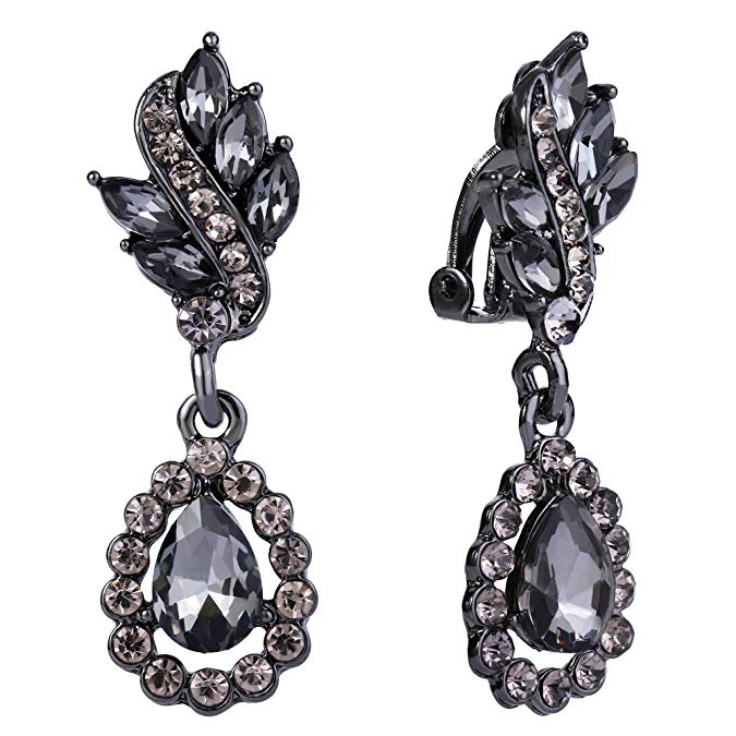 EleQueen Women's Austrian Crystal Art Deco Tear Drop Dangle Earrings Clip-on