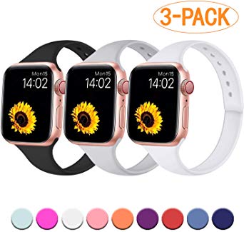 R-fun Slim Bands Compatible with Apple Watch Band 40mm Series 5/4 38mm Series 3/2/1, 3 Pack Soft Narrow Thin Silicone Sport Strap Wristband for Women Girl Kids with iWatch, Black/White/Darkgray