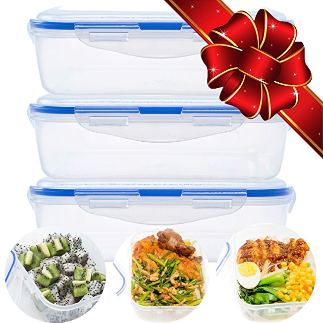 Set of 3 Premium Quality Food Containers - Airtight Lunch Box Containers with Snap Locking Lids | Microwave Dishwasher Safe PP Material Plastic Lunch Boxes