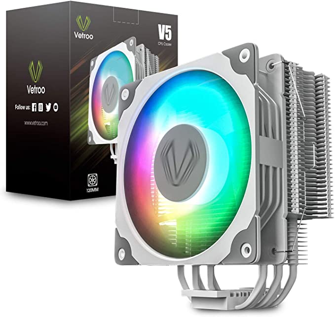 Vetroo V5 White CPU Air Cooler w/ 5 Heat Pipes, 120mm PWM Processor Fan Intel/AMD Universal Socket