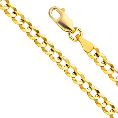 14k Yellow Gold Solid Men's 3.5mm Cuban Curb Chain Necklace with Lobster Claw Clasp