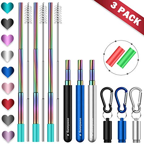 Reusable Straw,Sunnywoo 3 Pack Collapsible Straw Stainless Steel Drinking Straw Portable Telescopic Straw with Case.