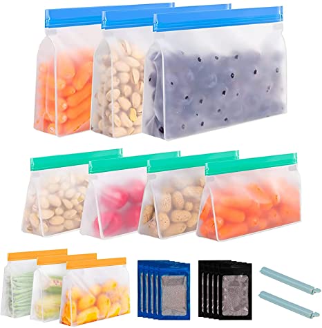 VECELO Reusable Storage Bags, 22Pack Leakproof Storage Bag for Food, Travel, Home Organization (10 Storage Bags   2 plastic clips   10 sealed bags)