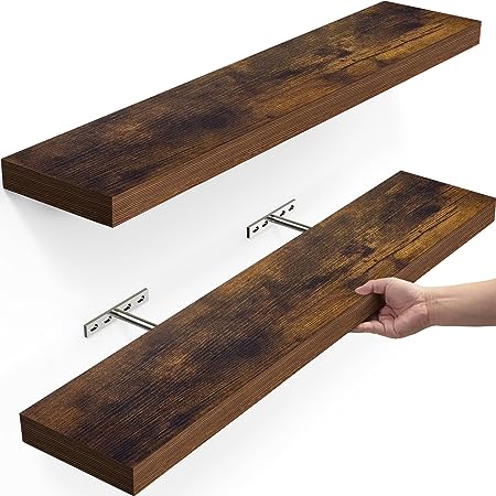 BAYKA Floating Shelves, Wall Mounted Rustic Wood Shelves for Bathroom, Bedroom, Living Room, Kitchen, Office, 23" Hanging Shelf for Books/Storage/Decor with 22lbs Capacity (Rustic Brown,Set of 2)