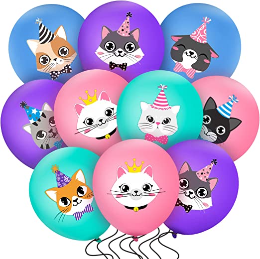 40 Pcs Cat Birthday Party Latex Balloons, Cute Cartoon Kitten Print Balloons Cat Party Decorations Animal Pet Birthday Party Supplies for Birthday Party Favors Decor, Blue Pink Purple and Green