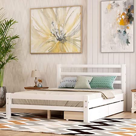 Wood Platform Bed with Two Storage Drawers, Full Size, Solid Wood Platform Bed Frame with Headboard Footboard and Wood Slat Support, Platform Bed Mattress Foundation No Box Spring Needed Full (White)