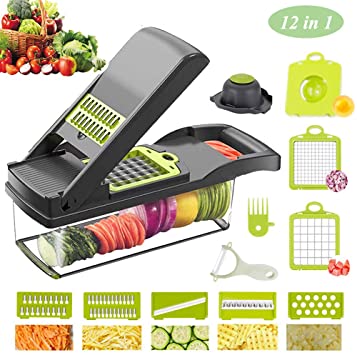 Mandoline Slicer Cutter Vegetable Chopper And Grater, Adjustable Chopper Dicer Vegetable Onion Potato Chip French Fry Julienne Slicer 12 in 1 (Dark Gray)