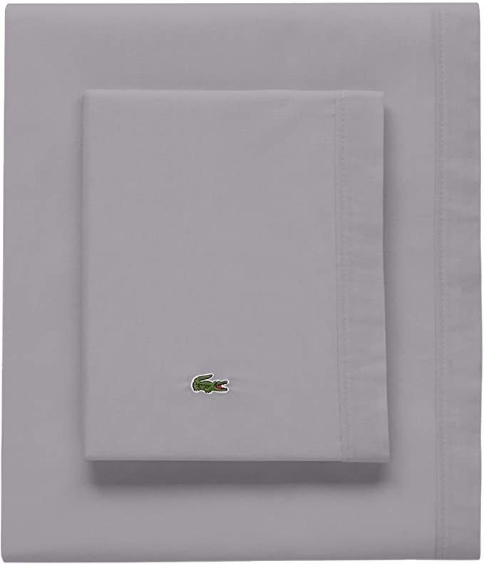 Lacoste 100% Cotton Percale Sheet Set, Solid, Sleet, Queen