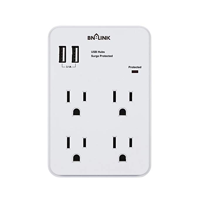 BN-LINK Wall Mount Adapter Surge Protector with 4 Electrical Outlets and 2 USB Charging Ports (3.1A), White