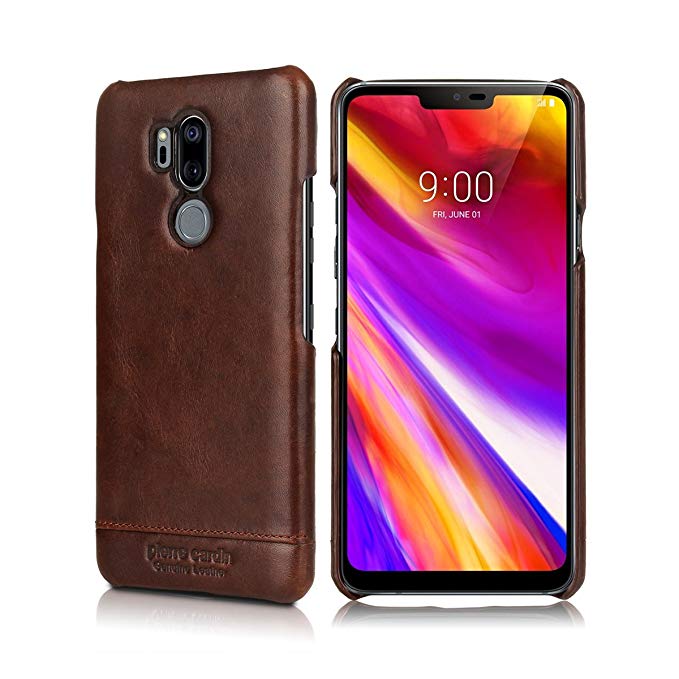 Pierre Cardin Genuine Leather Case Protective Slim fit Snap On Hard Back Cover for LG G7 (Dark Brown)