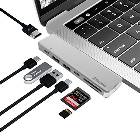 Elando USB C Hub, Aluminum Type-C Hub Adapter Dongle for MacBook Pro 13" and 15" 2016/2017, 40Gbps Thunderbolt 3, 4K HDMI, USB-C Power Delivery, SD/Micro Card Reader, 2 USB 3.0 Ports, Silver