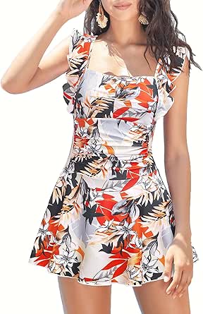 SHEKINI Women's Ruffled Bandeau One Piece Skirt Swimsuit Ruched Retro Swimdress Tummy Control Bathing Suit