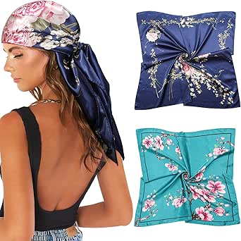 AWAYTR 35” Large Satin Square Head Scarf - 2Pcs Silk Like Floral Head Scarves Square Satin Hair Scarf Bandanas for Women