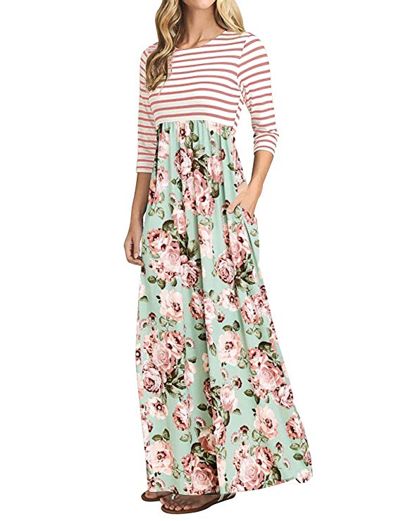 MEROKEETY Women's Striped Floral Print 3/4 Sleeve Tie Waist Maxi Dress with Pockets