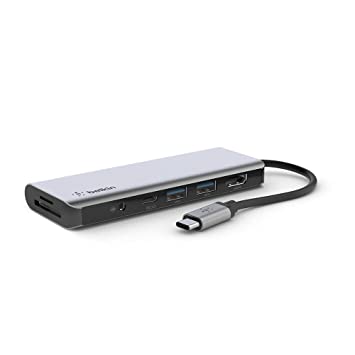 Belkin USB C Hub, 7-in-1 MultiPort Adapter Dock with 4K HDMI 1.4, USB-C PD 3.0, 2X USB-A 3.0 BC1.2, SD 3.0 Card Reader, Micro SD 3.0, 3.5 mm Audio in/Out for MacBook Pro,Air, iPad Pro, XPS and More