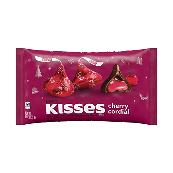 HERSHEY'S KISSES Cherry Cordial Milk Chocolate Filled with Cherry Cordial Creme Candy, Christmas, 9 oz Bag