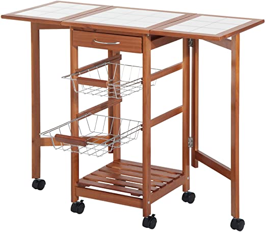 HOMCOM Mesa Auxiliar Cocina 91x37x75 cm Plegable 6 Ruedas 1 Cajon 2 Cestas Carrito Servicio Pino Metal Cromado