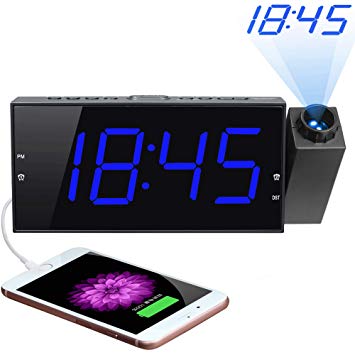 Projection Alarm Clock, 7” Large Digital LED Display & Dimmer, USB Charger, Adjustable Ringer, 12/24 H, DST, Battery Backup Dual Alarm Clock for Bedrooms Ceiling Wall Home Kitchen Desk, Elders Kids