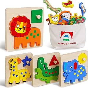 AMOSTING Toddler Toys for 1  Year Old, Montessori Wooden Animal Puzzles for Age 2-3 Baby Girl & Boy Birthday Gift Preschool Learning Activities - 4 Pack