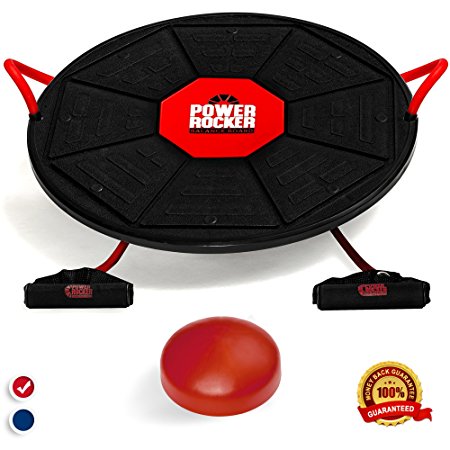 Power Rocker Balance Board - Premium Wobble Board With Adjustable Height - Bonus Resistance Tube Set - Complete Stability & Core Training - Physical Therapy and Injury Rehabilitation